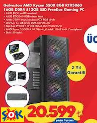 ASUS GALVESTON AMD RYZEN 5500 8GB RTX3060 16GB DDR4 512GB SSD FREEDOS GAMİNG PC OYUN BİLGİSAYARI